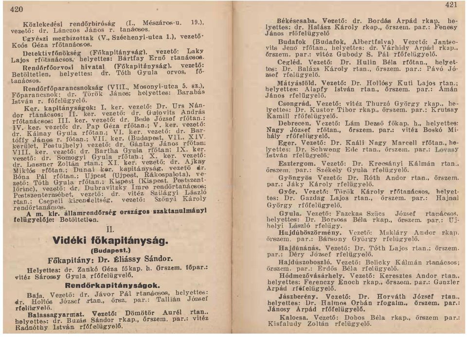 Rendőrf őparancsnoksálr (VIII M osonyi-u tca s: Barabás Főpara ncsno k : dr 'rörök Jánoo; helyette István r főfelügyel ő Urs Nán Ker kapitán yságok: I ker vezető: Dr s A ndrás dor rtanács os ; II ker