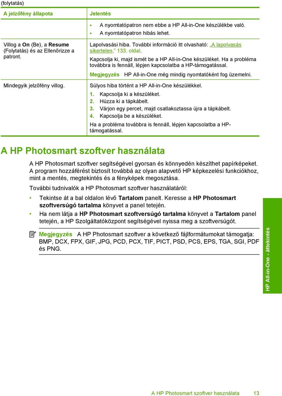 Ha a probléma továbbra is fennáll, lépjen kapcsolatba a HP-támogatással. Megjegyzés HP All-in-One még mindig nyomtatóként fog üzemelni. Súlyos hiba történt a HP All-in-One készülékkel. 1.