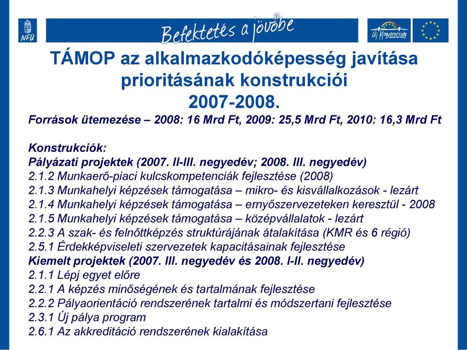 1.5 Munkahelyi képzések támogatása középvállalatok - lezárt 2.2.3 A szak- és felnőttképzés struktúrájának átalakítása (KMR és 6 régió) 2.5.1 Érdekképviseleti szervezetek kapacitásainak fejlesztése Kiemelt projektek (2007.