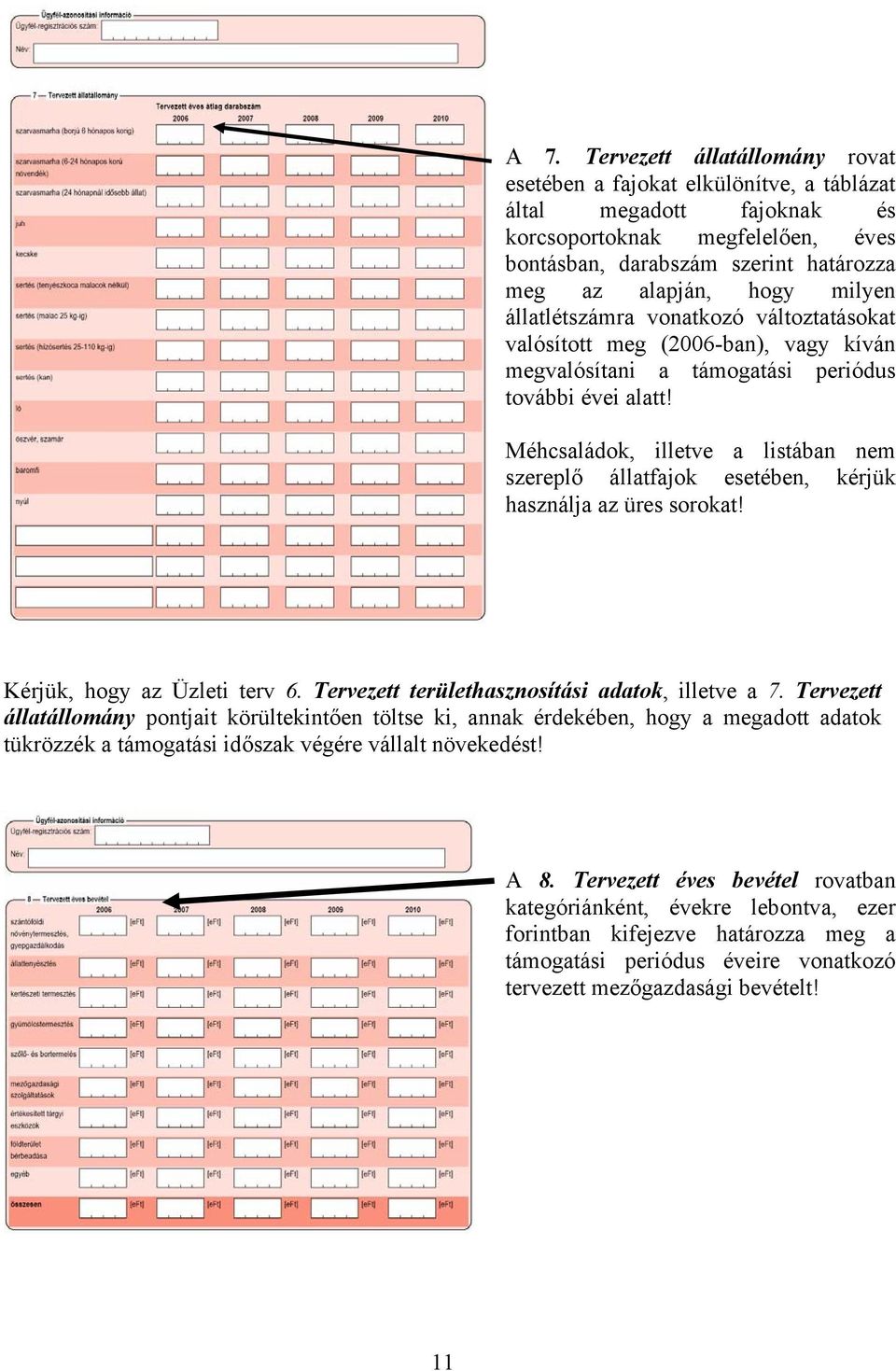 Méhcsaládok, illetve a listában nem szereplő állatfajok esetében, kérjük sználja az üres sorokat! Kérjük, hogy az Üzleti terv 6. Tervezett területsznosítási adatok, illetve a 7.