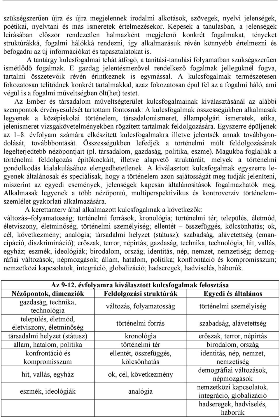 és befogadni az új információkat és tapasztalatokat is. A tantárgy kulcsfogalmai tehát átfogó, a tanítási-tanulási folyamatban szükségszerűen ismétlődő fogalmak.