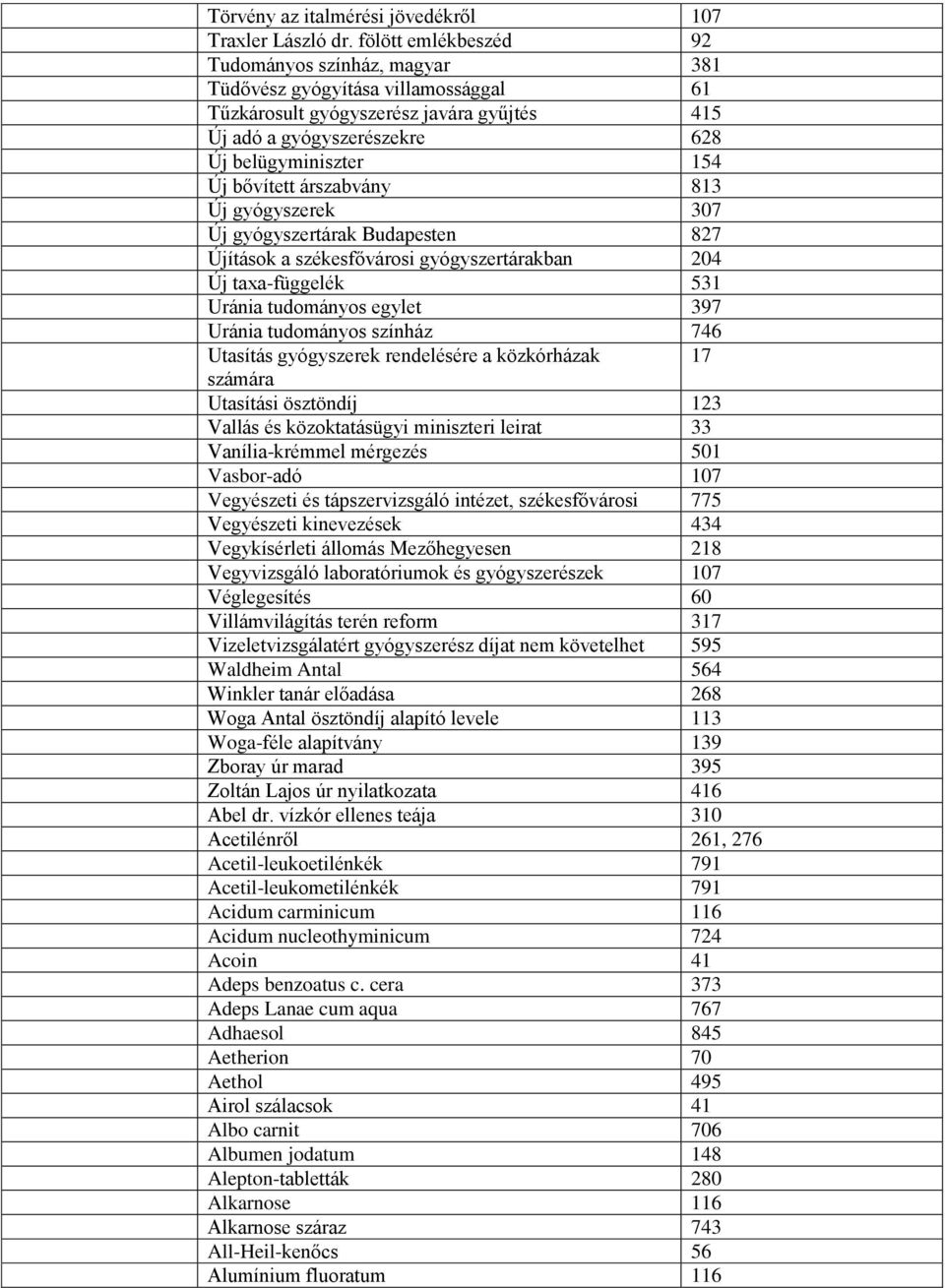 árszabvány 813 Új gyógyszerek 307 Új gyógyszertárak Budapesten 827 Újítások a székesfővárosi gyógyszertárakban 204 Új taxa-függelék 531 Uránia tudományos egylet 397 Uránia tudományos színház 746