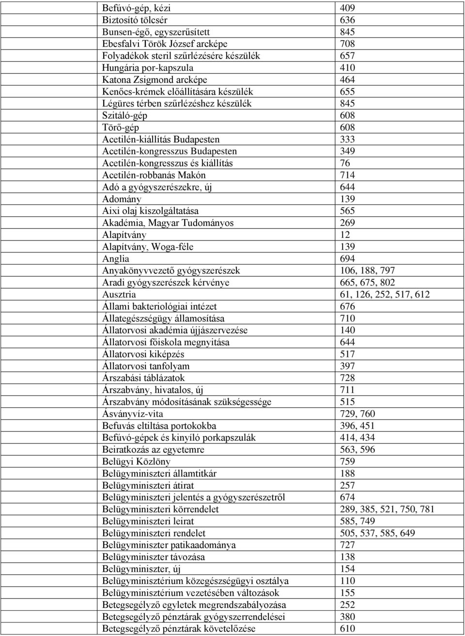 Acetilén-kongresszus és kiállítás 76 Acetilén-robbanás Makón 714 Adó a gyógyszerészekre, új 644 Adomány 139 Aixi olaj kiszolgáltatása 565 Akadémia, Magyar Tudományos 269 Alapítvány 12 Alapítvány,