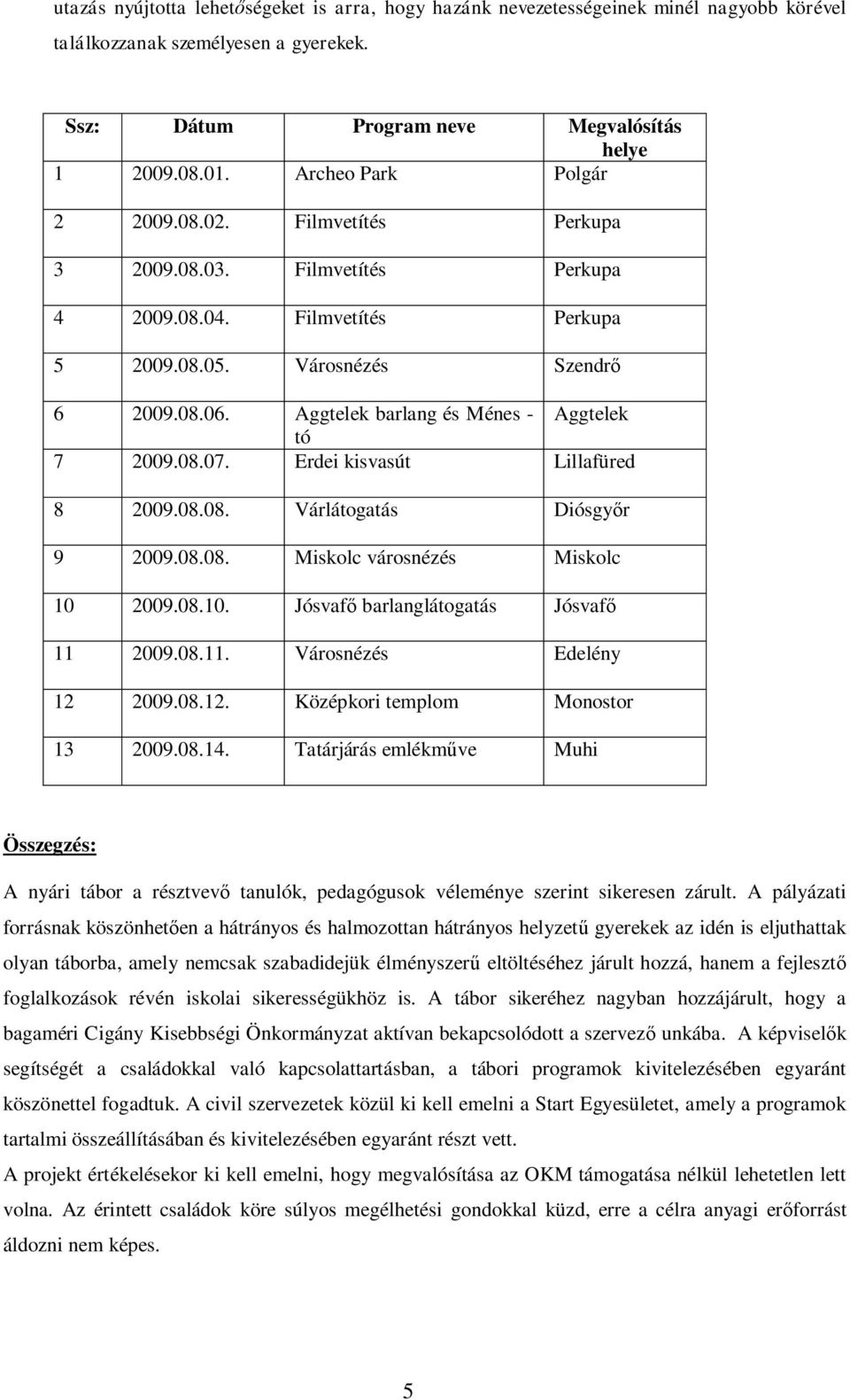 Aggtelek barlang és Ménes - Aggtelek tó 7 2009.08.07. Erdei kisvasút Lillafüred 8 2009.08.08. Várlátogatás Diósgyőr 9 2009.08.08. Miskolc városnézés Miskolc 10 