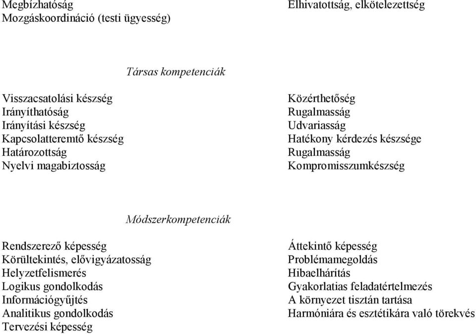 Módszerkompetenciák Rendszerező képesség Körültekintés, elővigyázatosság Helyzetfelismerés Logikus gondolkodás Információgyűjtés Analitikus gondolkodás
