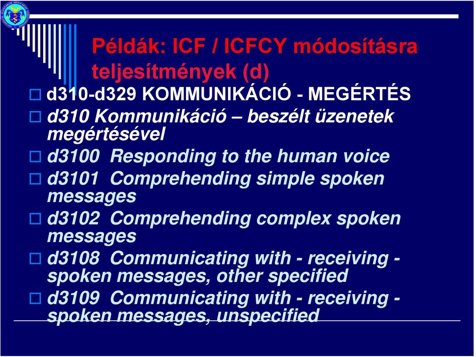 simple spoken messages d3102 Comprehending complex spoken messages d3108 Communicating with -