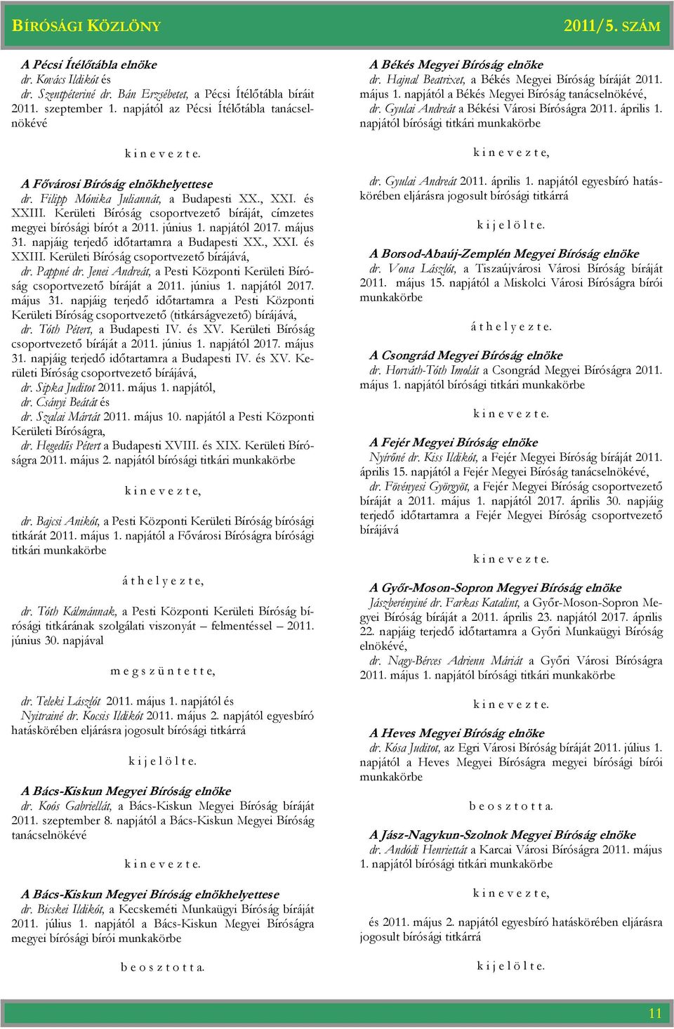 május 31. napjáig terjedő időtartamra a Budapesti XX., XXI. és XXIII. Kerületi Bíróság csoportvezető bírájává, dr. Pappné dr.