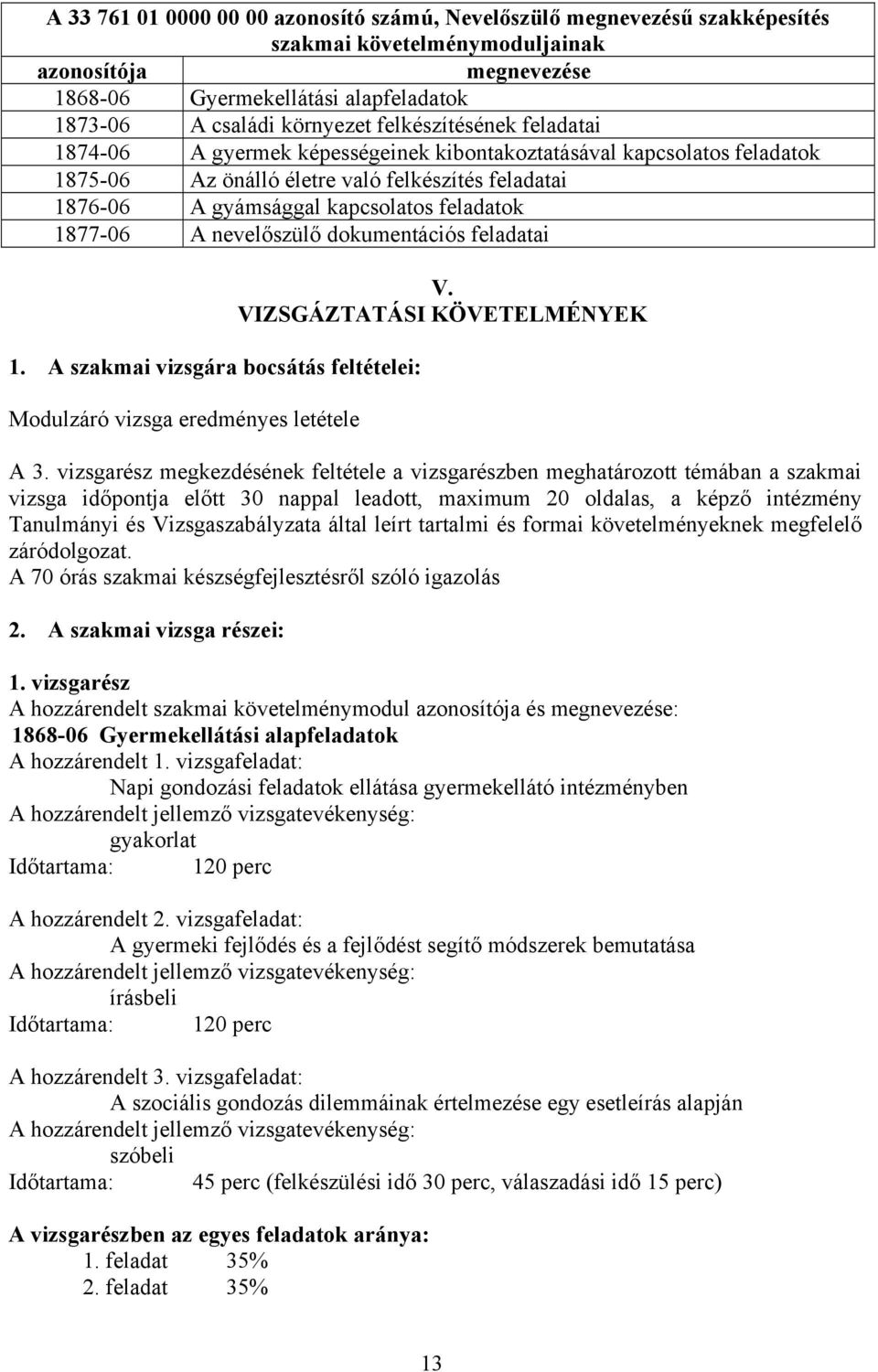 nevelőszülő dokumentációs feladatai 1. szakmai vizsgára bocsátás feltételei: Modulzáró vizsga eredményes letétele V. VIZSGÁZTTÁSI KÖVETELMÉNYEK 3.