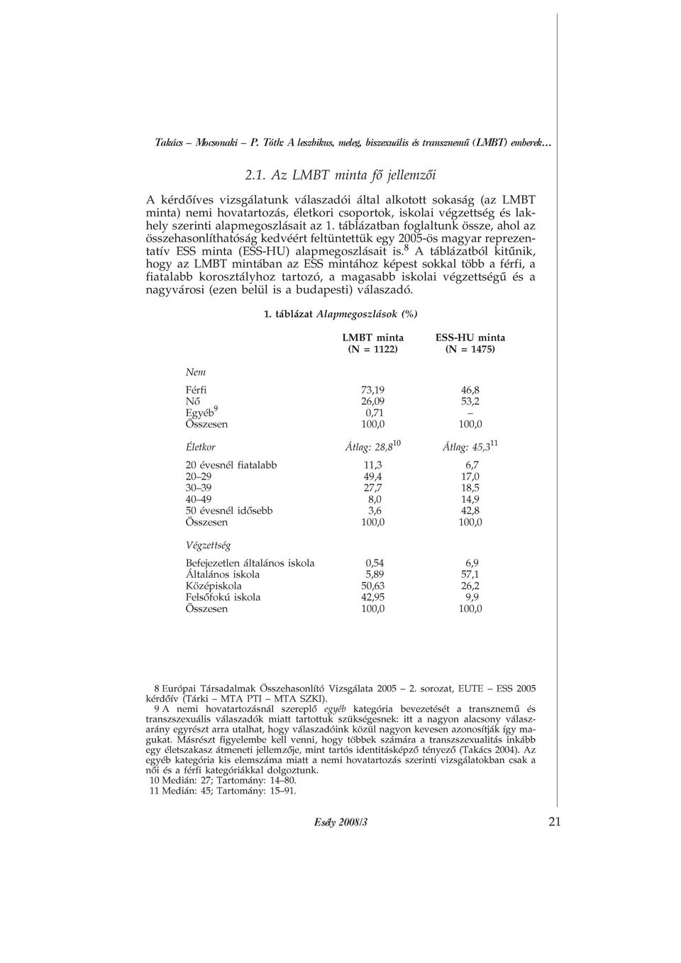 1. táblázatban foglaltunk össze, ahol az összehasonlíthatóság kedvéért feltüntettük egy 2005-ös magyar reprezentatív ESS minta (ESS-HU) alapmegoszlásait is.