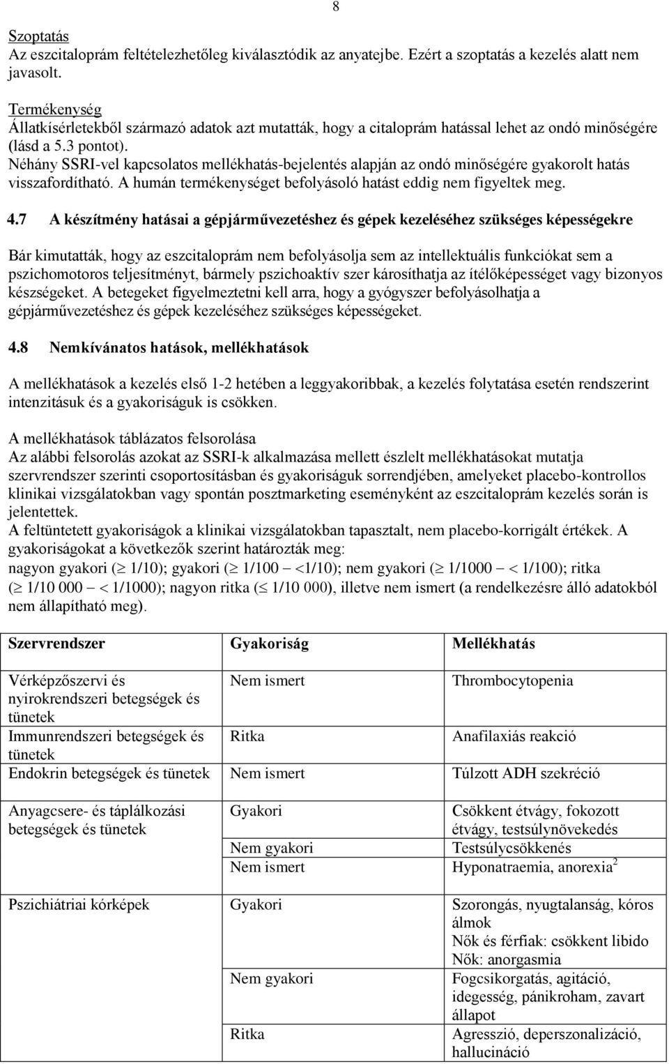 Néhány SSRI-vel kapcsolatos mellékhatás-bejelentés alapján az ondó minőségére gyakorolt hatás visszafordítható. A humán termékenységet befolyásoló hatást eddig nem figyeltek meg. 4.