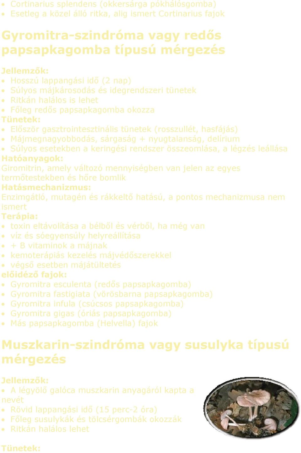 nyugtalanság, delírium Súlyos esetekben a keringési rendszer összeomlása, a légzés leállása Giromitrin, amely változó mennyiségben van jelen az egyes termőtestekben és hőre bomlik Enzimgátló, mutagén