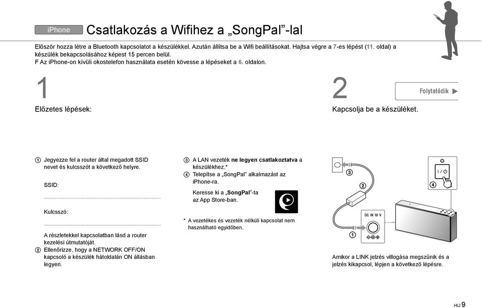 1 Előzetes lépések: 2 Folytatódik Kapcsolja be a készüléket. Jegyezze fel a router által megadott SSID nevet és kulcsszót a következő helyre.