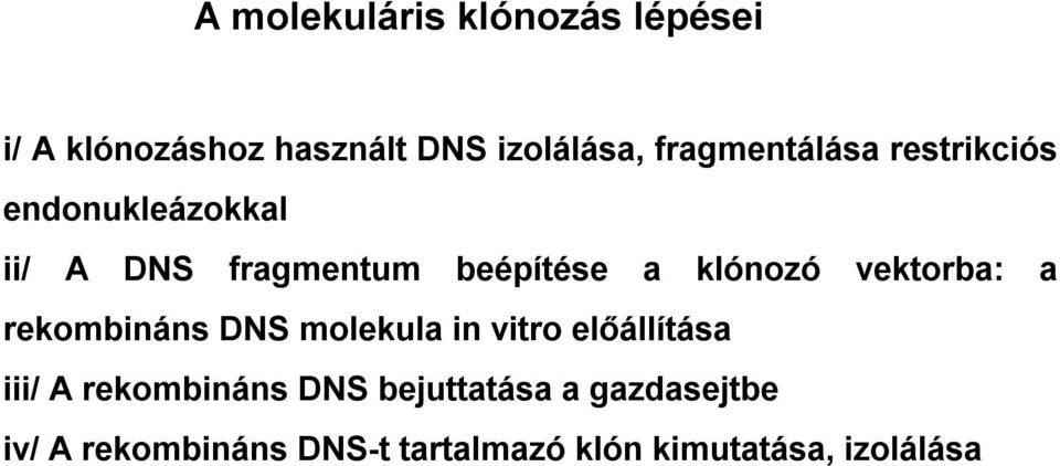 klónozó vektorba: a rekombináns DNS molekula in vitro előállítása iii/ A