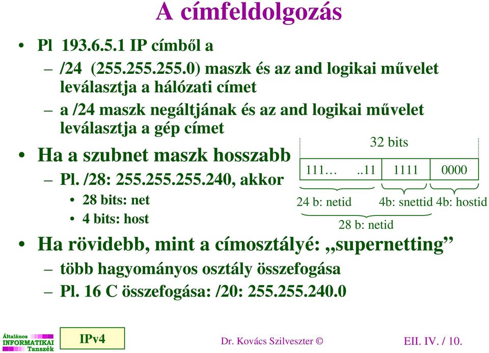 leválasztja a gép címet 32 bits Ha a szubnet maszk hosszabb 1111 Pl. /28: 255.