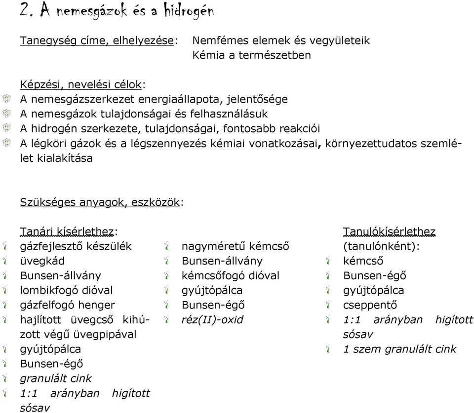 eszközök: Tanári kísérlethez: gázfejlesztő készülék üvegkád unsen-állvány lombikfogó dióval gázfelfogó henger hajlított üvegcső kihúzott végű üvegpipával gyújtópálca unsen-égő granulált cink 1:1