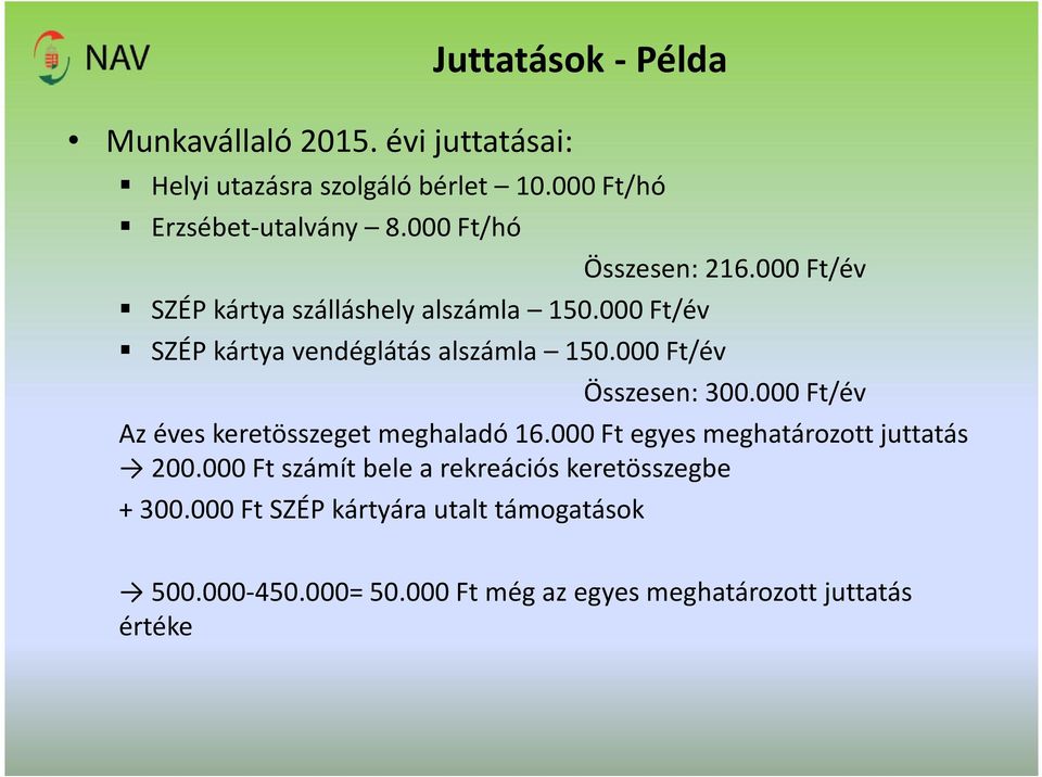 000 Ft/év Összesen: 300.000 Ft/év Az éves keretösszeget meghaladó 16.000 Ft egyes meghatározott juttatás 200.