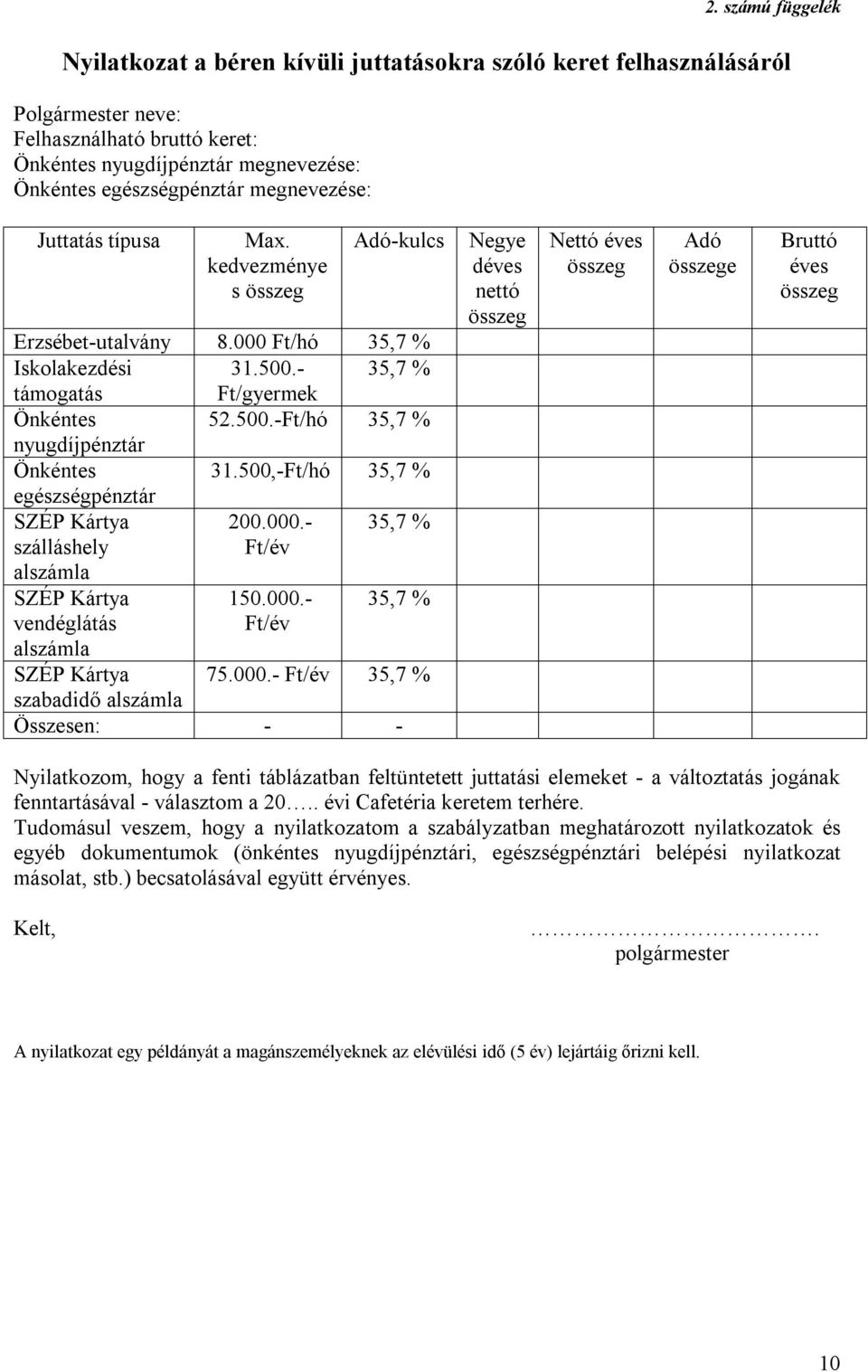 500,-Ft/hó 35,7 % egészségpénztár SZÉP Kártya szálláshely alszámla 200.000.