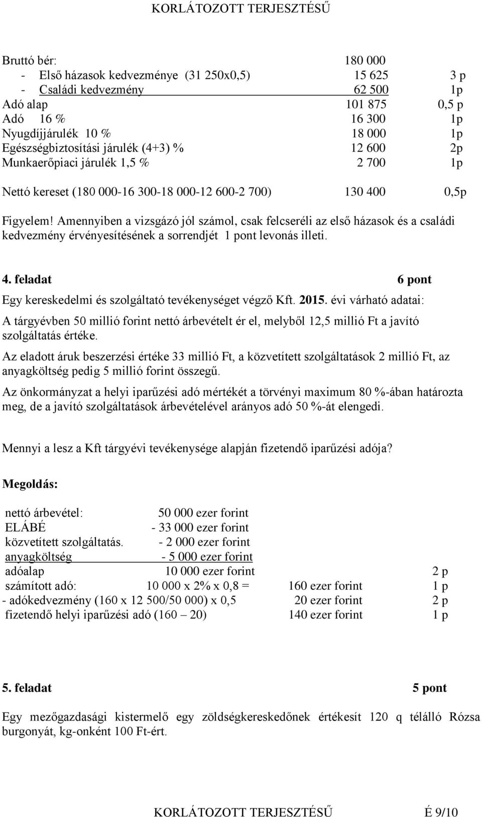 Amennyiben a vizsgázó jól számol, csak felcseréli az első házasok és a családi kedvezmény érvényesítésének a sorrendjét 1 pont levonás illeti. 4.