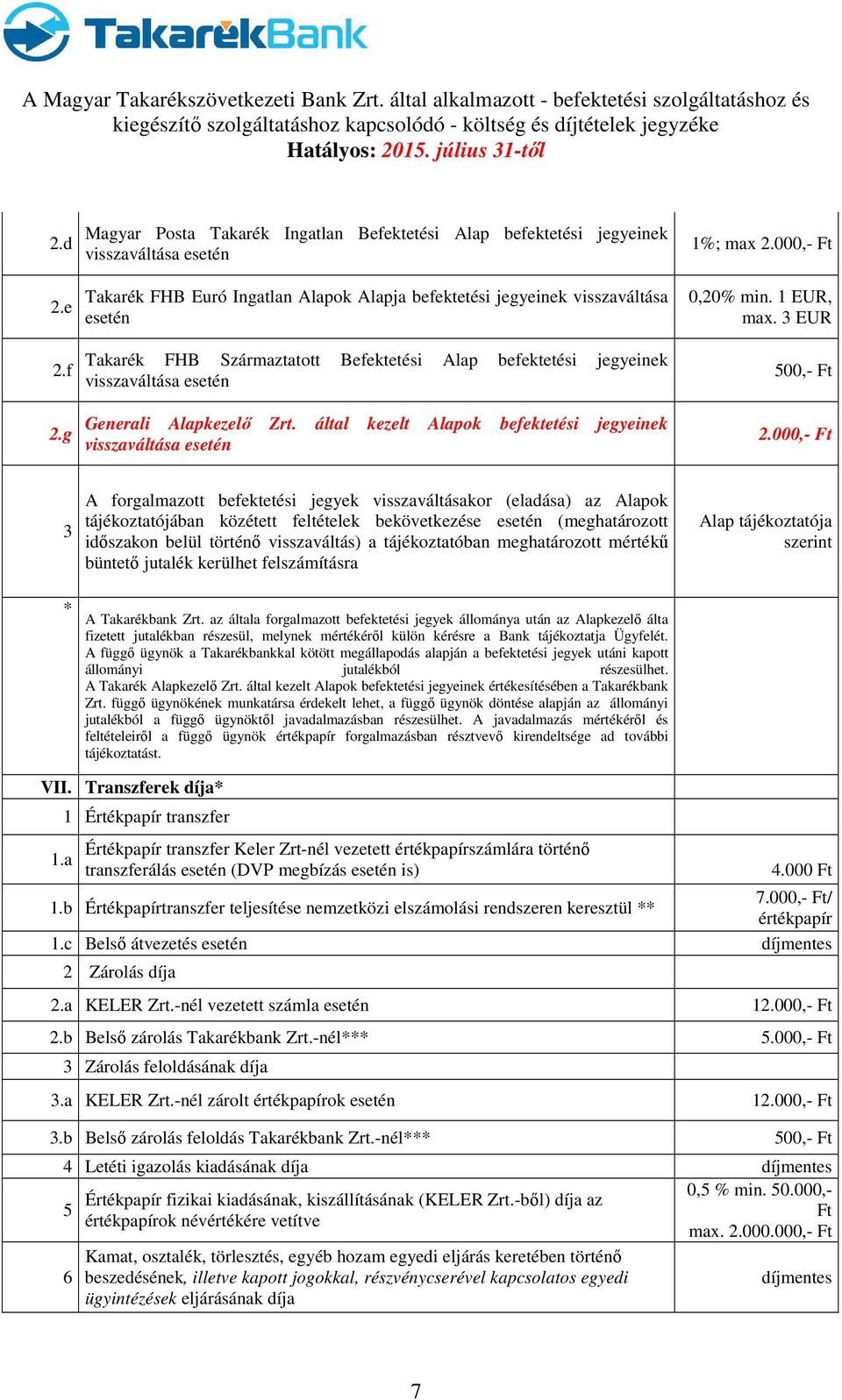 Származtatott Befektetési Alap befektetési jegyeinek visszaváltása esetén Generali Alapkezelő Zrt. által kezelt Alapok befektetési jegyeinek visszaváltása esetén 1%; max 2.000,- Ft 0,20% min.