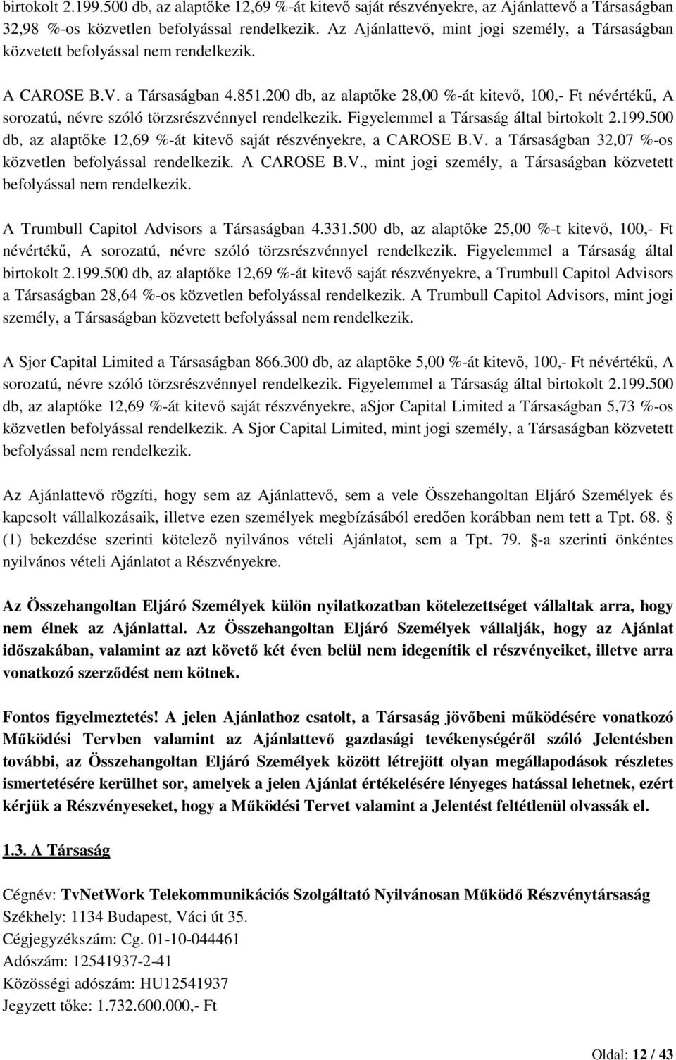 200 db, az alaptőke 28,00 %-át kitevő, 100,- Ft névértékű, A sorozatú, névre szóló törzsrészvénnyel rendelkezik. Figyelemmel a Társaság által birtokolt 2.199.