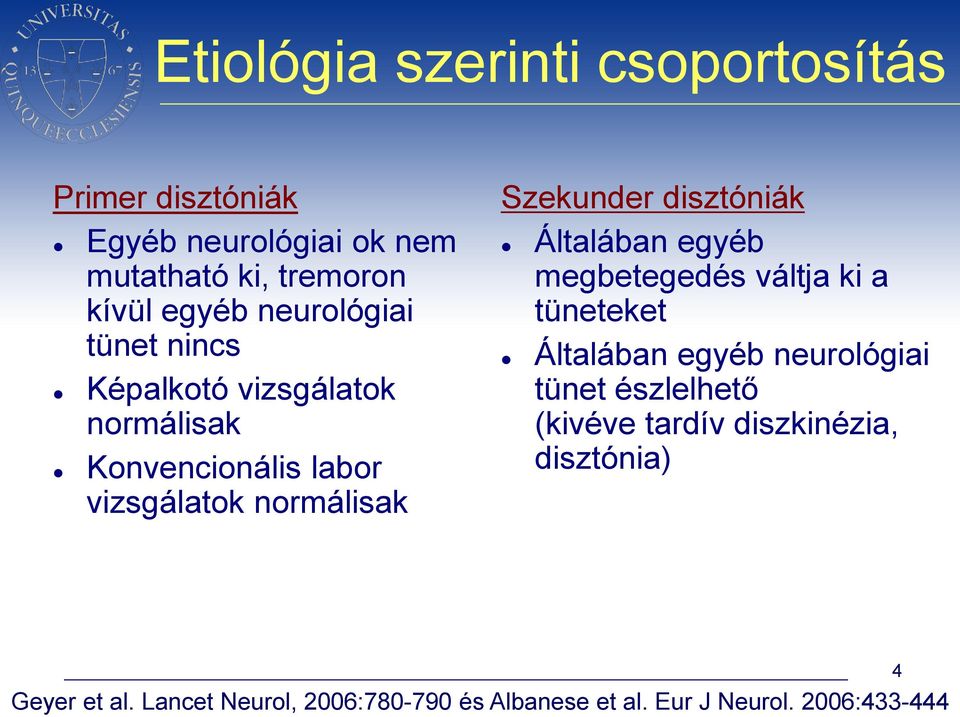 disztóniák Általában egyéb megbetegedés váltja ki a tüneteket Általában egyéb neurológiai tünet észlelhető