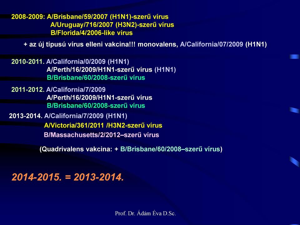 A/California/0/2009 (H1N1) A/Perth/16/2009/H1N1-szerű vírus (H1N1) B/Brisbane/60/2008-szerű vírus 2011-2012.
