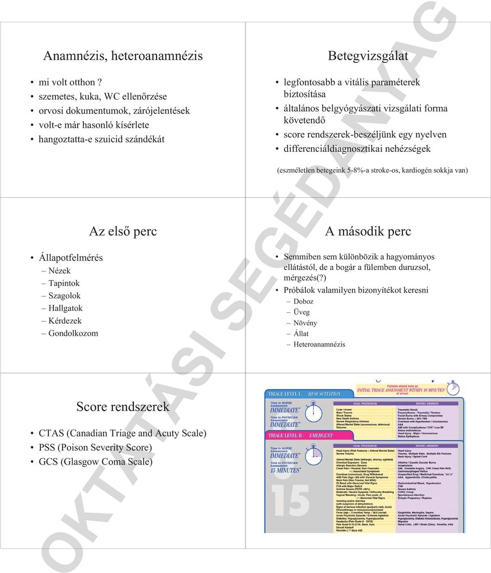 Az első perc Score rendszerek CTAS (Canadian Triage and Acuty Scale) PSS (Poison Severity Score) GCS (Glasgow Coma Scale) Betegvizsgálat legfontosabb a vitális paraméterek biztosítása általános