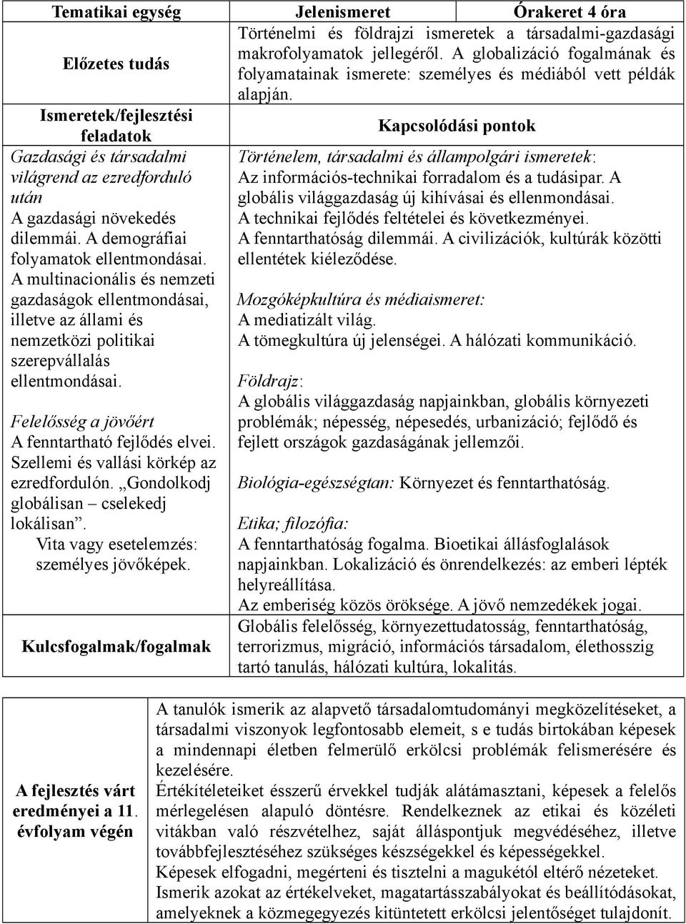 Ismeretek/fejlesztési feladatok Kapcsolódási pontok Gazdasági és társadalmi világrend az ezredforduló után A gazdasági növekedés dilemmái. A demográfiai folyamatok ellentmondásai.