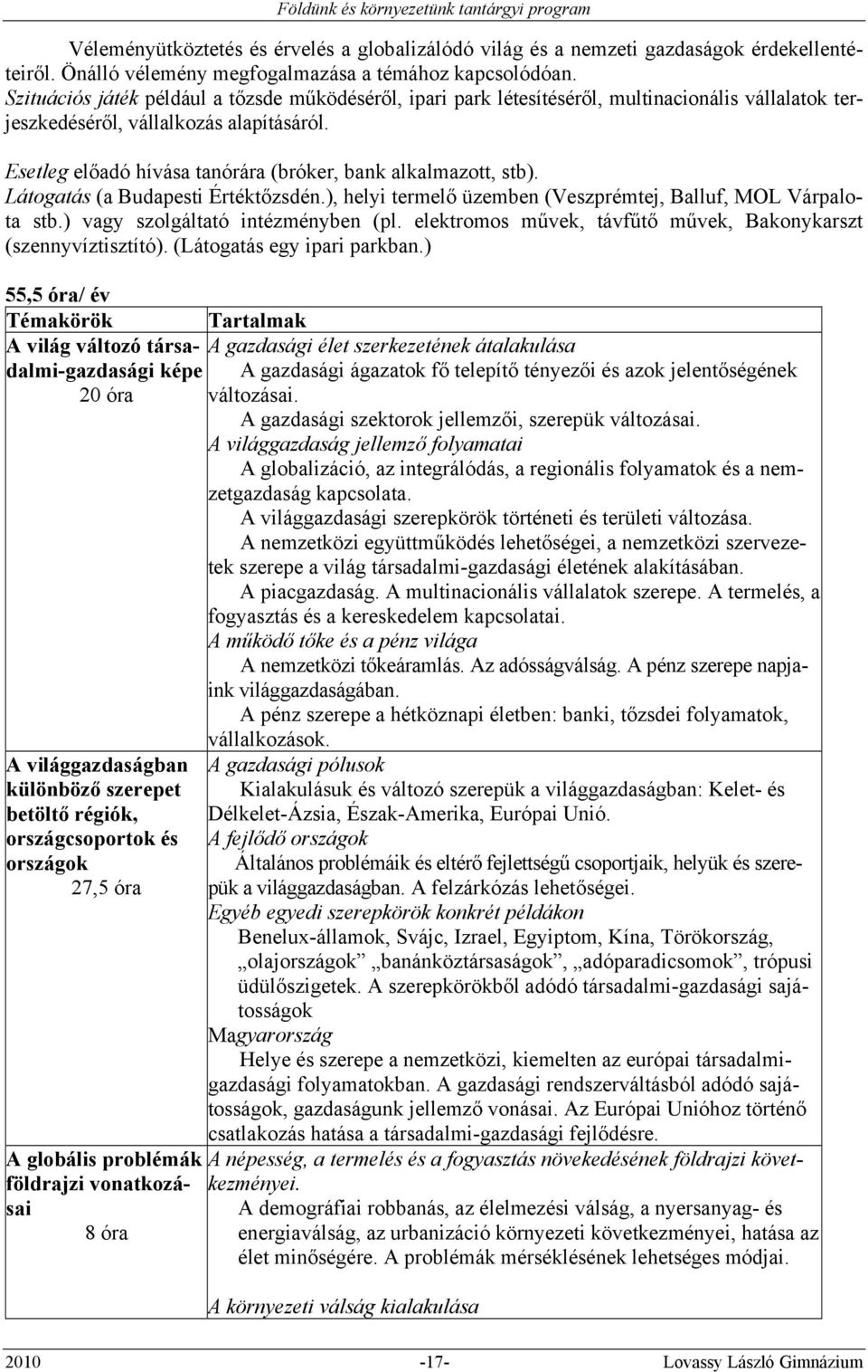 Esetleg előadó hívása tanórára (bróker, bank alkalmazott, stb). Látogatás (a Budapesti Értéktőzsdén.), helyi termelő üzemben (Veszprémtej, Balluf, MOL Várpalota stb.