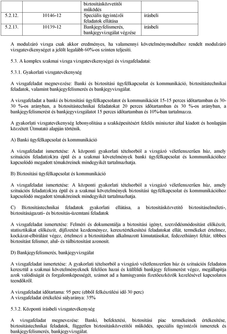 legalább 60%-os szinten teljesíti. 5.3. A komplex szakmai vizsga vizsgatevékenységei és vizsgafeladatai: 5.3.1.