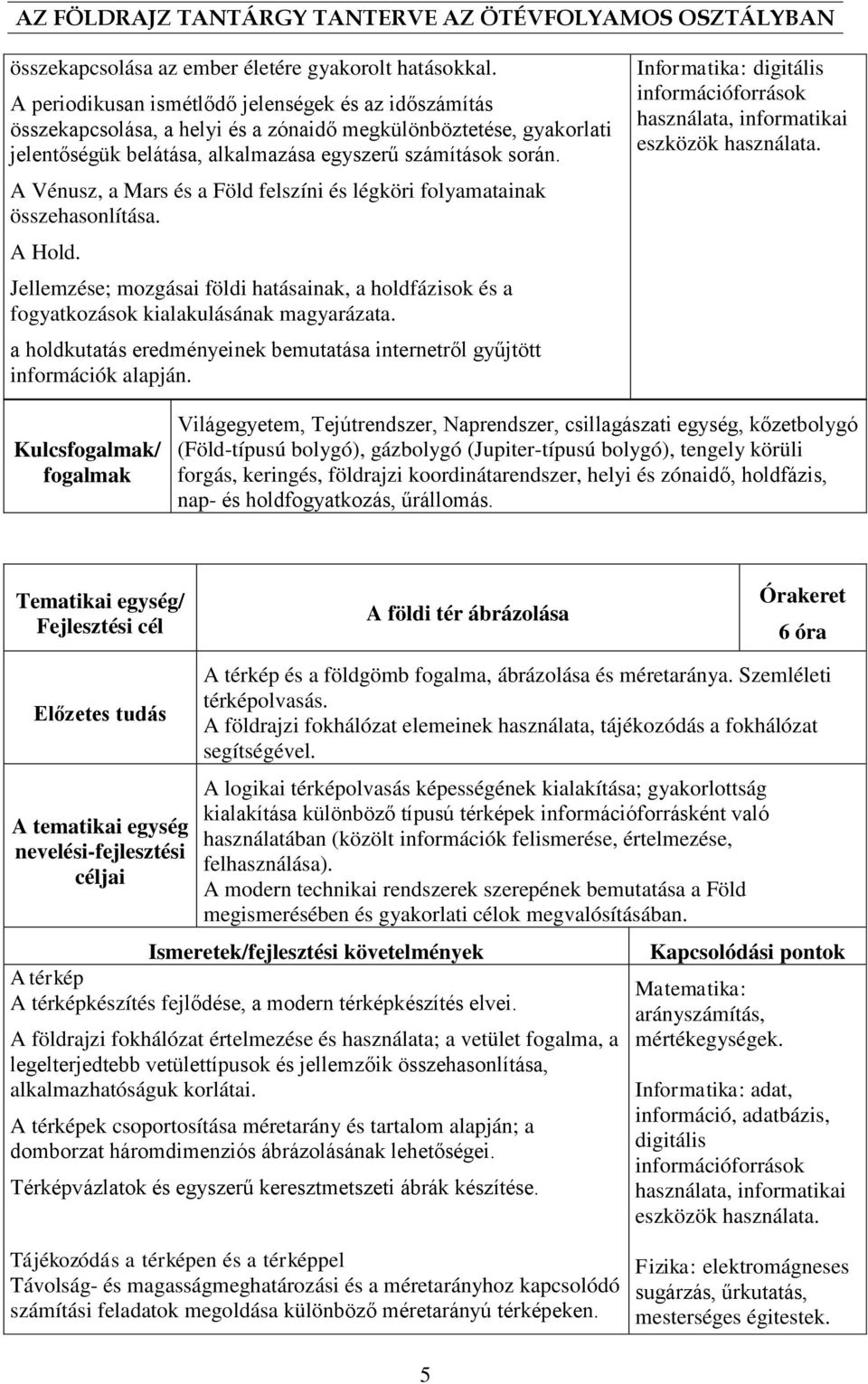 A Vénusz, a Mars és a Föld felszíni és légköri folyamatainak összehasonlítása. A Hold. Jellemzése; mozgásai földi hatásainak, a holdfázisok és a fogyatkozások kialakulásának magyarázata.