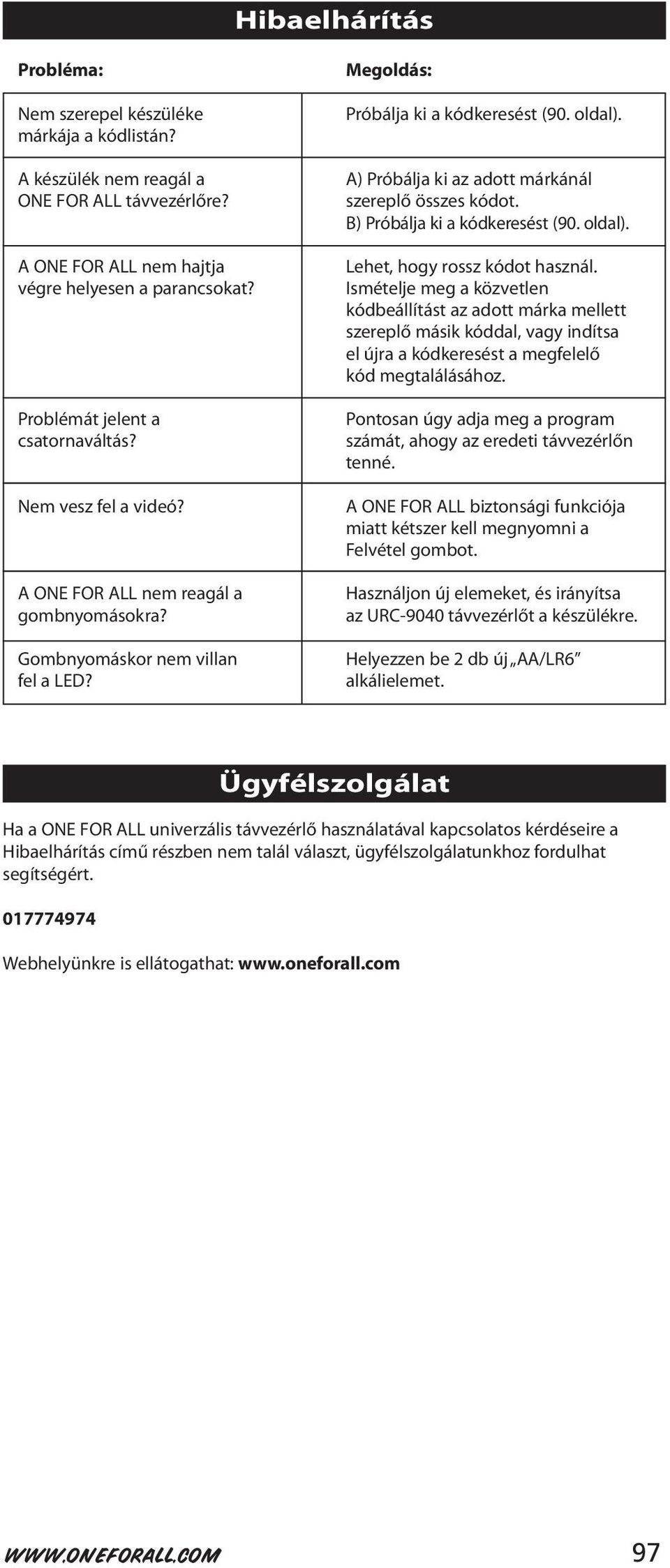 A) Próbálja ki az adott márkánál szereplő összes kódot. B) Próbálja ki a kódkeresést (90. oldal). Lehet, hogy rossz kódot használ.