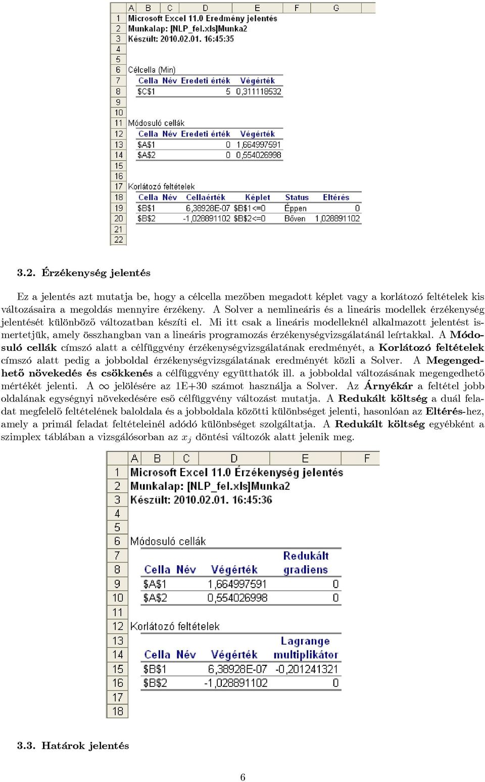 Mi itt csak a lineáris modelleknél alkalmazott jelentést ismertetjük, amely összhangban van a lineáris programozás érzékenységvizsgálatánál leírtakkal.