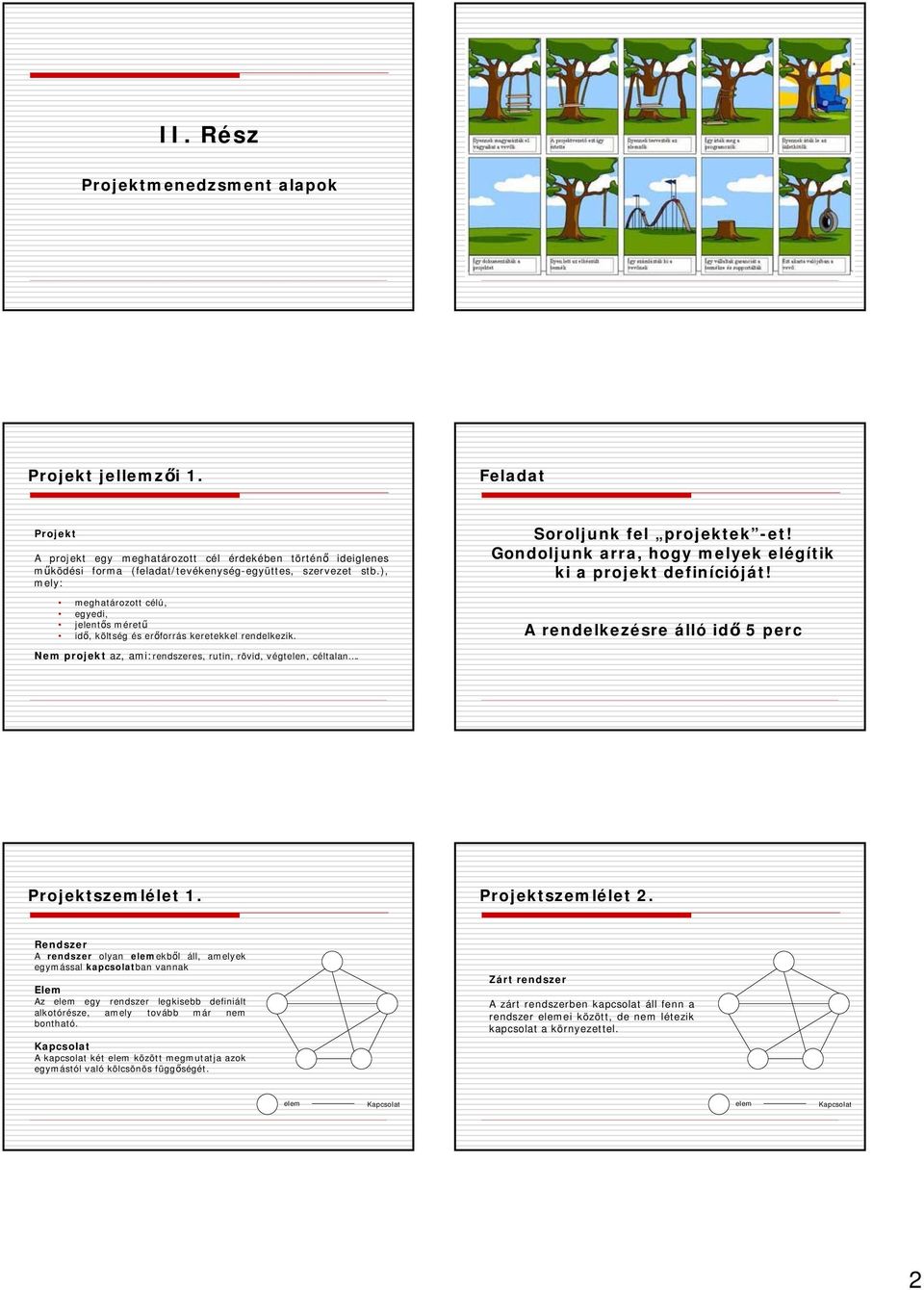 A rendelkezésre álló idő 5 perc Nem projekt az, ami:rendszeres, rutin, rövid, végtelen, céltalan. Projektszemlélet 1. Projektszemlélet 2.