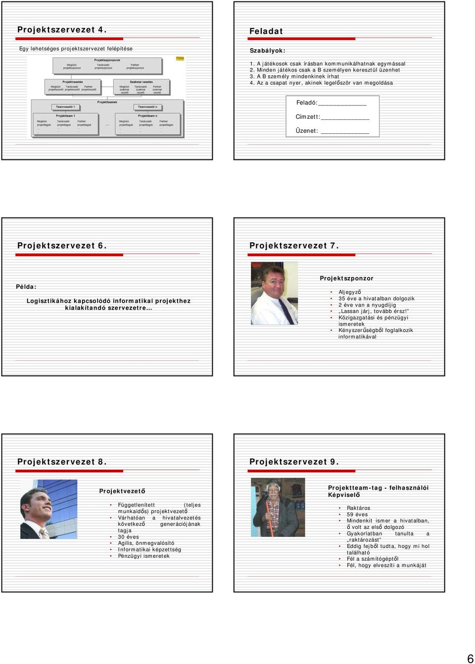 Példa: Logisztikához kapcsolódó informatikai projekthez kialakítandó szervezetre Projektszponzor Aljegyző 35 éve a hivatalban dolgozik 2 éve van a nyugdíjig Lassan járj, tovább érsz!