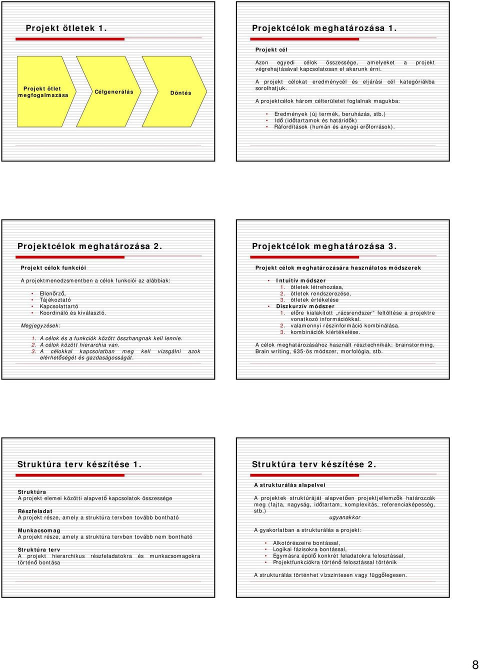 A projektcélok három célterületet foglalnak magukba: Eredmények (új termék, beruházás, stb.) Idő (időtartamok és határidők) Ráfordítások (humán és anyagi erőforrások). Projektcélok meghatározása 2.