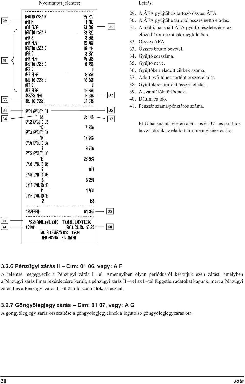 A számlálók törlődnek. 40. Dátum és idő. 41. Pénztár száma/pénztáros száma. PLU használata esetén a 36 os és 37 es ponthoz hozzáadódik az eladott áru mennyisége és ára. 39 41 38 40 3.