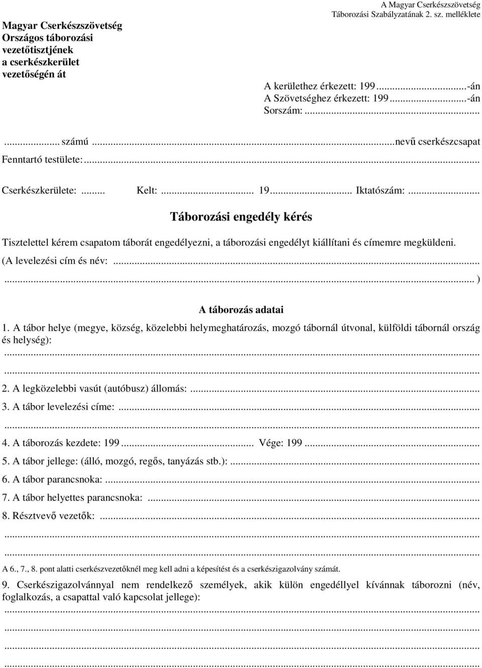 .. Táborozási engedély kérés Tisztelettel kérem csapatom táborát engedélyezni, a táborozási engedélyt kiállítani és címemre megküldeni. (A levelezési cím és név:...... ) A táborozás adatai 1.