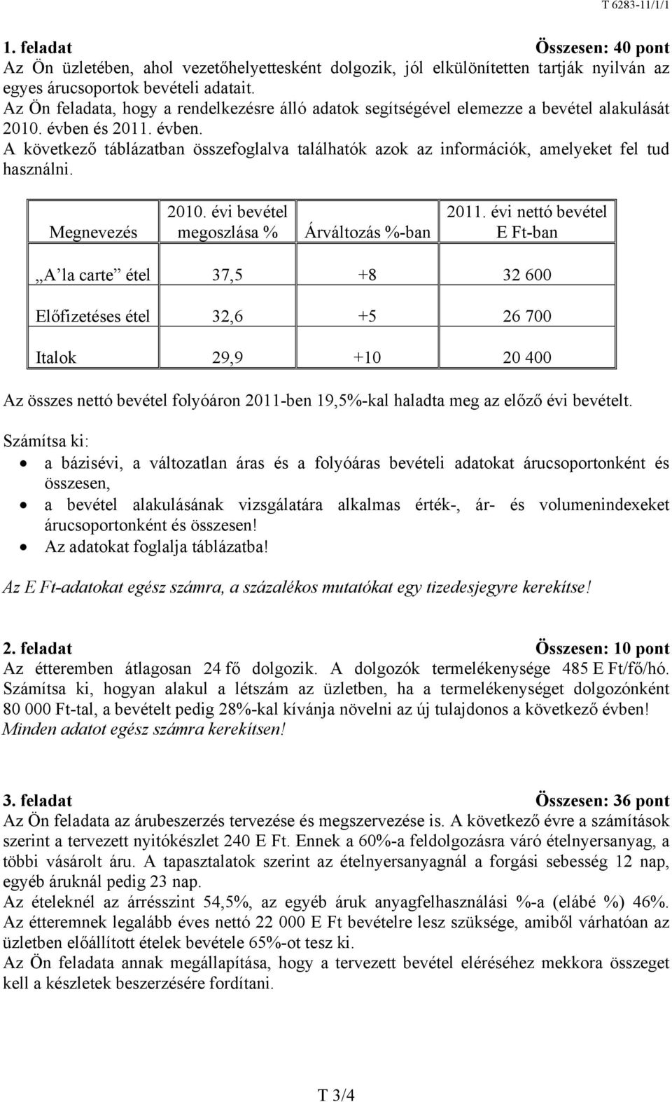 és 2011. évben. A következő táblázatban összefoglalva találhatók azok az információk, amelyeket fel tud használni. Megnevezés 2010. évi bevétel megoszlása % Árváltozás %-ban 2011.