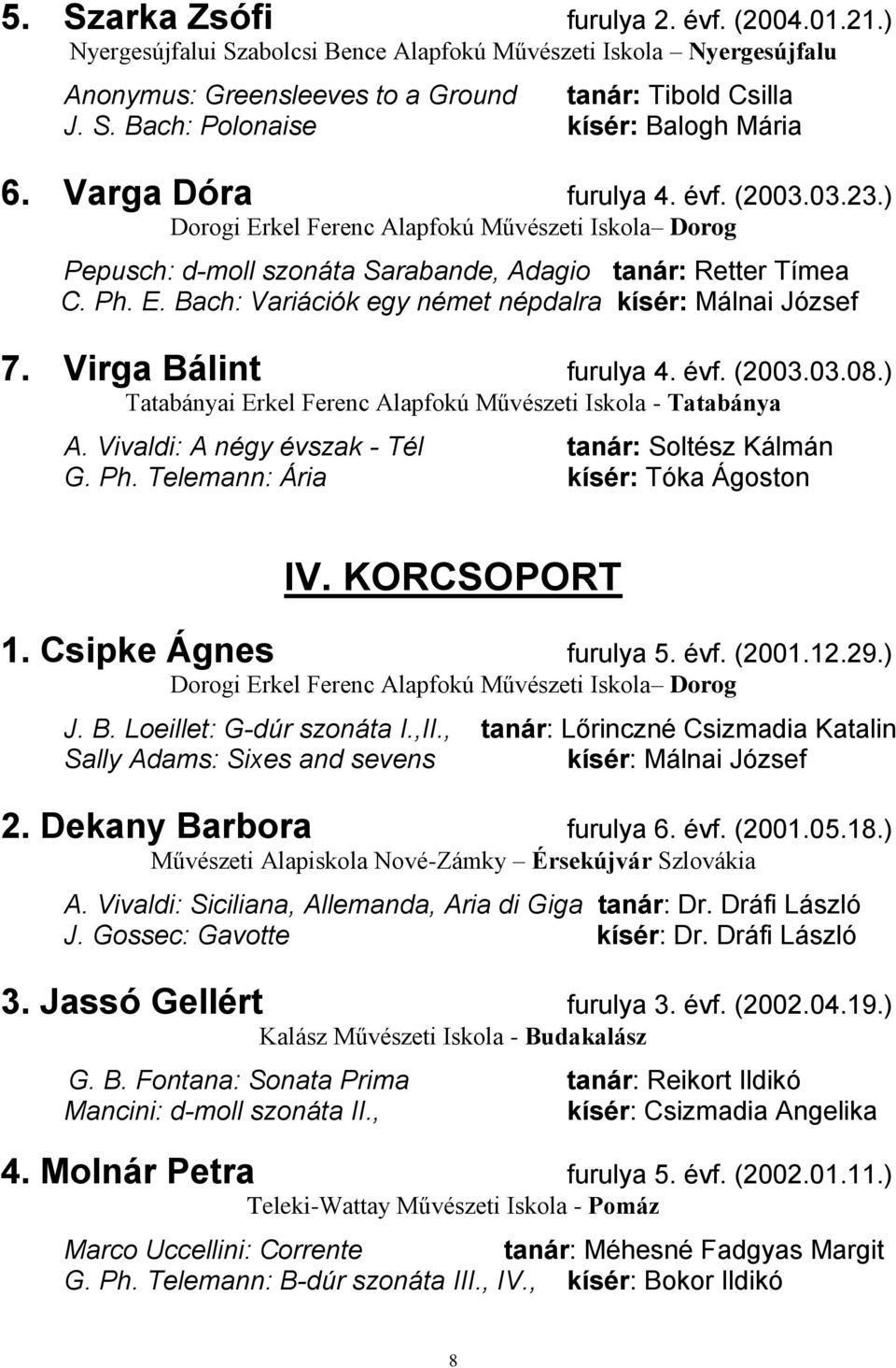 Virga Bálint 4. évf. (2003.03.08.) Tatabányai Erkel Ferenc Alapfokú Művészeti Iskola - Tatabánya A. Vivaldi: A négy évszak - Tél tanár: Soltész Kálmán G. Ph. Telemann: Ária kísér: Tóka Ágoston IV.