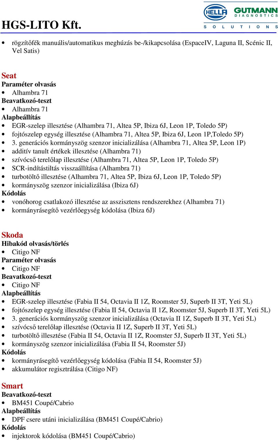 generációs kormányszög szenzor inicializálása (Alhambra 71, Altea 5P, Leon 1P) additív tanult értékek illesztése (Alhambra 71) szívócső terelőlap illesztése (Alhambra 71, Altea 5P, Leon 1P, Toledo