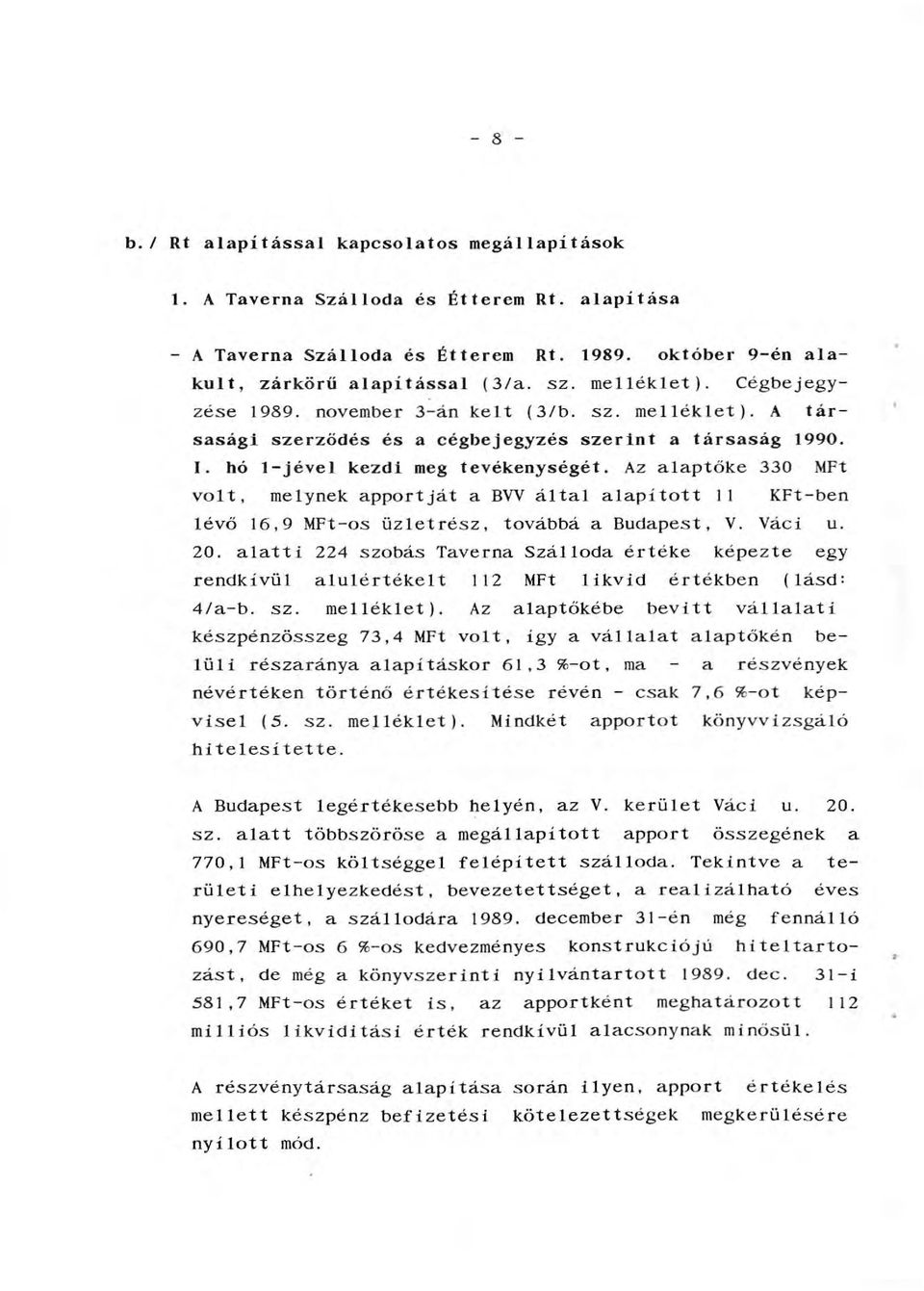Az aaptőke 330 MFt vot, meynek apportját a BVV áta aapitott 11 KFt-ben évő 16,9 MFt-os üzetrész, továbbá a Budapest, V. Váci u. 20.