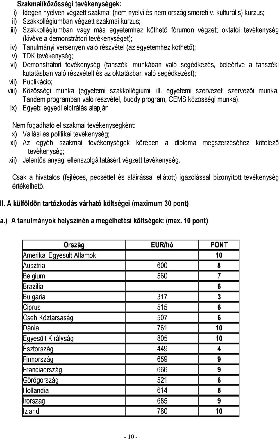 Tanulmányi versenyen való részvétel (az egyetemhez köthető); v) TDK tevékenység; vi) Demonstrátori tevékenység (tanszéki munkában való segédkezés, beleértve a tanszéki kutatásban való részvételt és