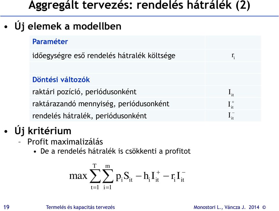 periódusonként rendelés hátralék, periódusonként Új kritérium Profit maximalizálás De a rendelés