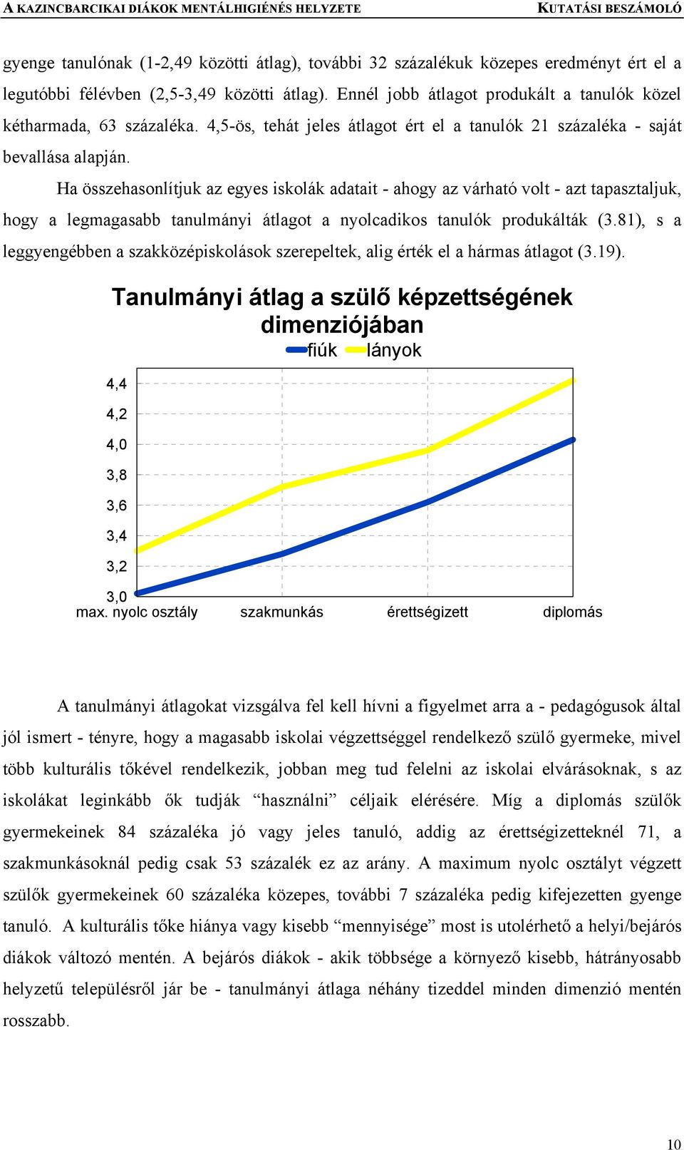 Ha összehasonlítjuk az egyes iskolák adatait - ahogy az várható volt - azt tapasztaljuk, hogy a legmagasabb tanulmányi átlagot a nyolcadikos tanulók produkálták (3.