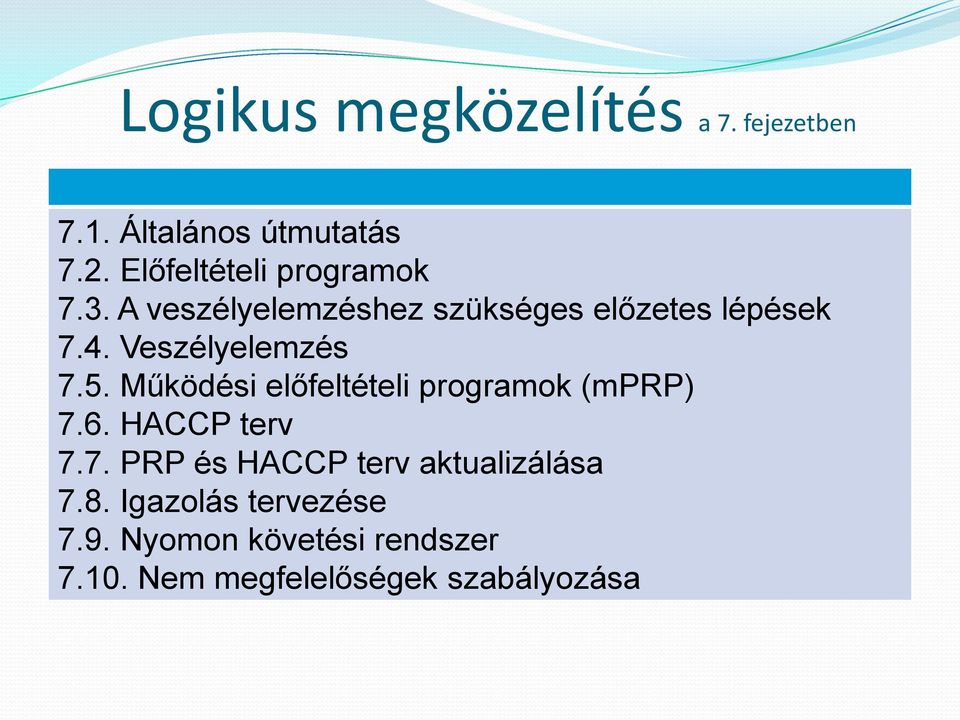 Veszélyelemzés 7.5. Működési előfeltételi programok (mprp) 7.6. HACCP terv 7.7. PRP és HACCP terv aktualizálása 7.