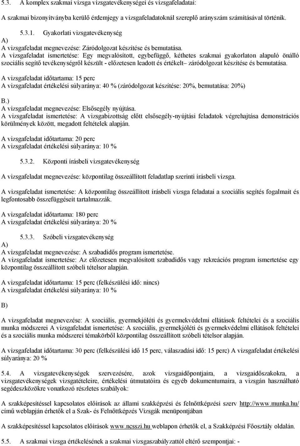 A vizsgafeladat ismertetése: Egy megvalósított, egybefüggő, kéthetes szakmai gyakorlaton alapuló önálló szociális segítő tevékenységről készült - előzetesen leadott és értékelt záródolgozat készítése