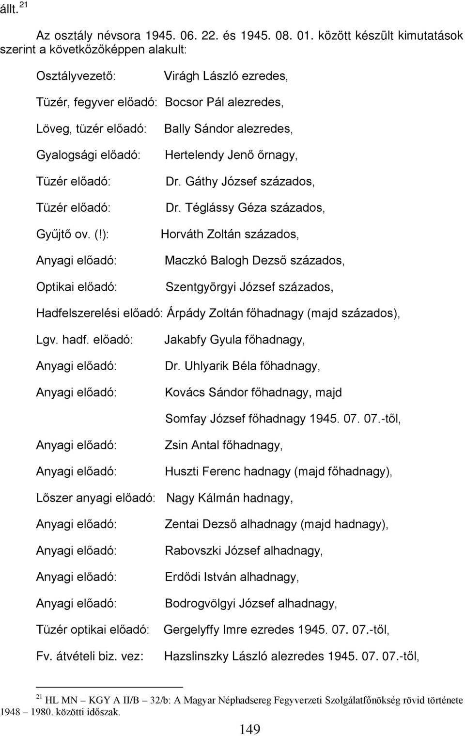 Tüzér előadó: Gyűjtő ov. (!): Anyagi előadó: Optikai előadó: Bally Sándor alezredes, Hertelendy Jenő őrnagy, Dr. Gáthy József százados, Dr.