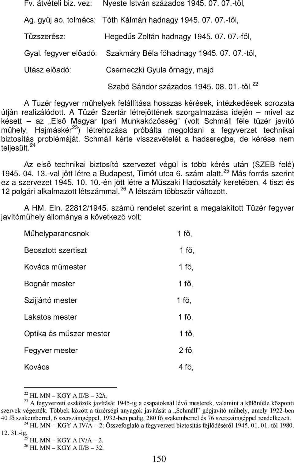 Cserneczki Gyula őrnagy, majd Szabó Sándor százados 1945. 08. 01.-től. 22 A Tüzér fegyver műhelyek felállítása hosszas kérések, intézkedések sorozata útján realizálódott.