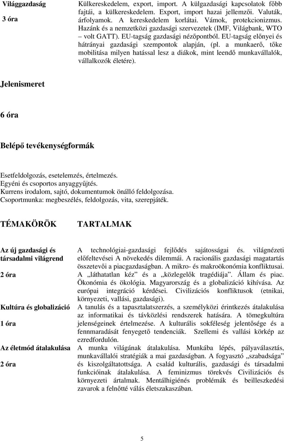 a munkaerő, tőke mobilitása milyen hatással lesz a diákok, mint leendő munkavállalók, vállalkozók életére). Jelenismeret 6 óra Belépő tevékenységformák Esetfeldolgozás, esetelemzés, értelmezés.